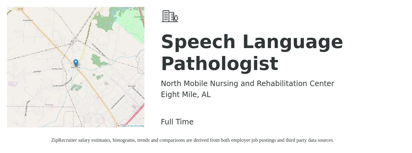 North Mobile Nursing and Rehabilitation Center job posting for a Speech Language Pathologist in Eight Mile, AL with a salary of $31 to $44 Hourly with a map of Eight Mile location.
