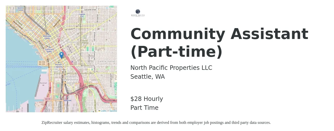 North Pacific Properties LLC job posting for a Community Assistant (Part-time) in Seattle, WA with a salary of $30 Hourly with a map of Seattle location.