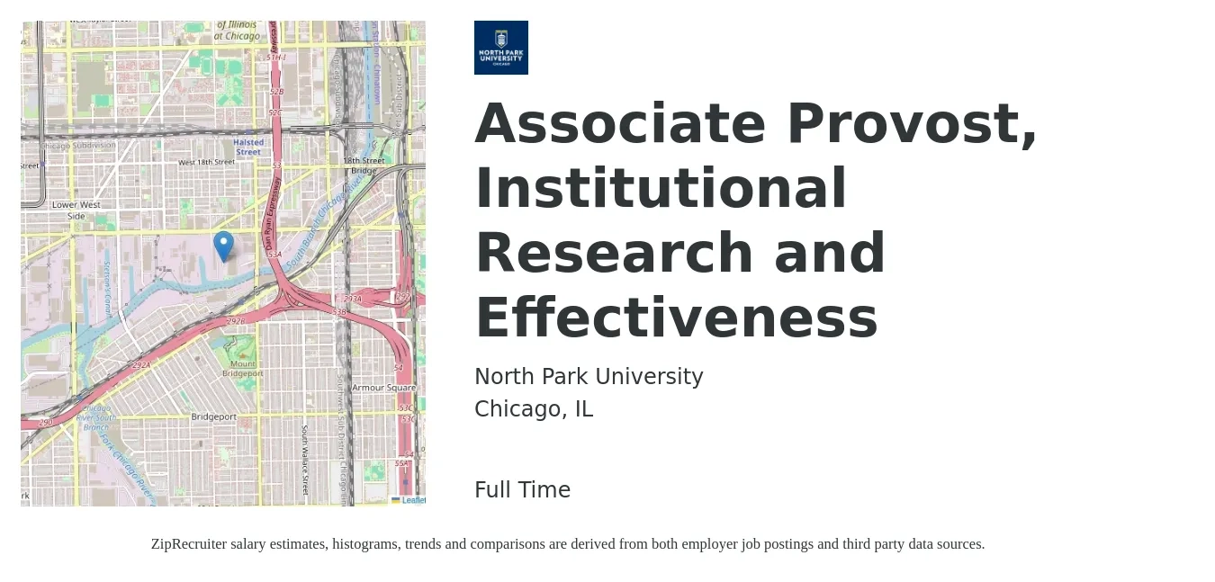 North Park University job posting for a Associate Provost, Institutional Research and Effectiveness in Chicago, IL with a salary of $28 to $40 Hourly with a map of Chicago location.