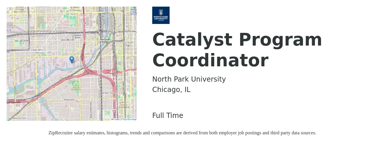 North Park University job posting for a Catalyst Program Coordinator in Chicago, IL with a salary of $43,300 to $63,900 Yearly with a map of Chicago location.