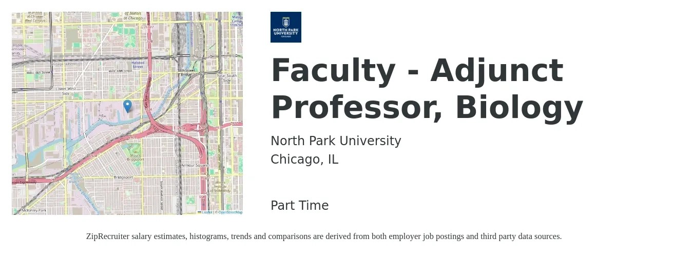 North Park University job posting for a Faculty - Adjunct Professor, Biology in Chicago, IL with a salary of $72 to $75 Hourly with a map of Chicago location.