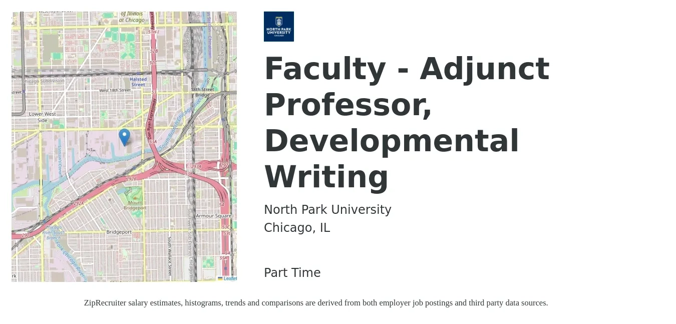 North Park University job posting for a Faculty - Adjunct Professor, Developmental Writing in Chicago, IL with a salary of $72 to $75 Hourly with a map of Chicago location.