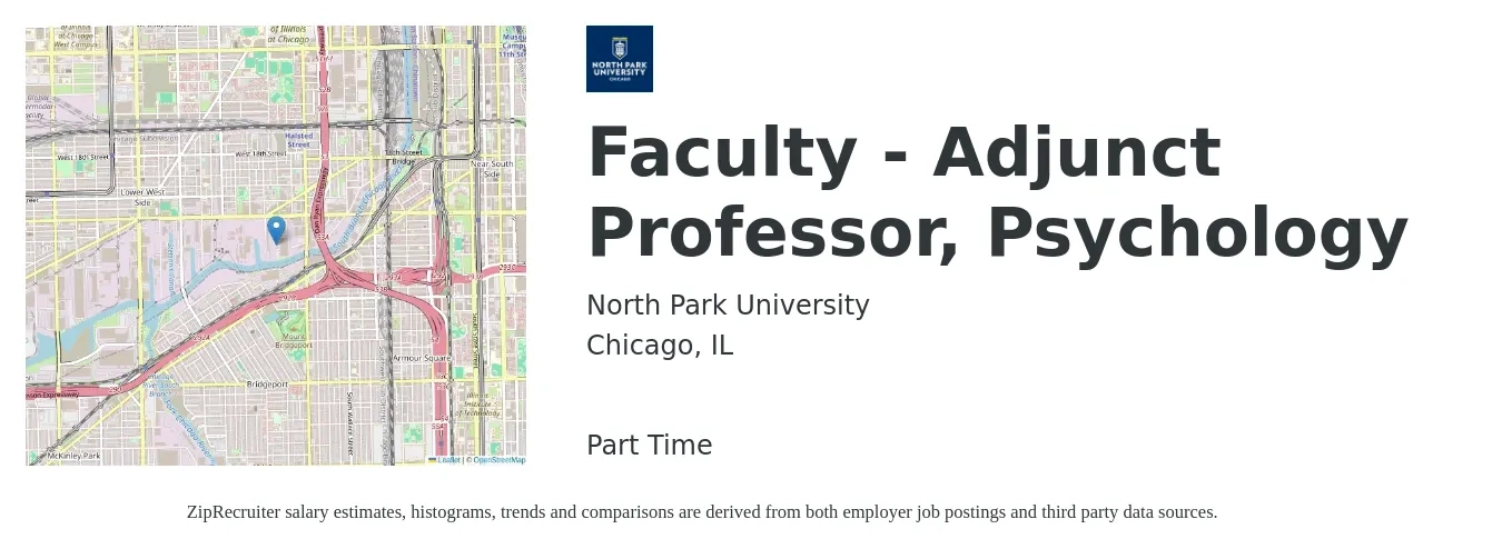 North Park University job posting for a Faculty - Adjunct Professor, Psychology in Chicago, IL with a salary of $72 to $75 Hourly with a map of Chicago location.