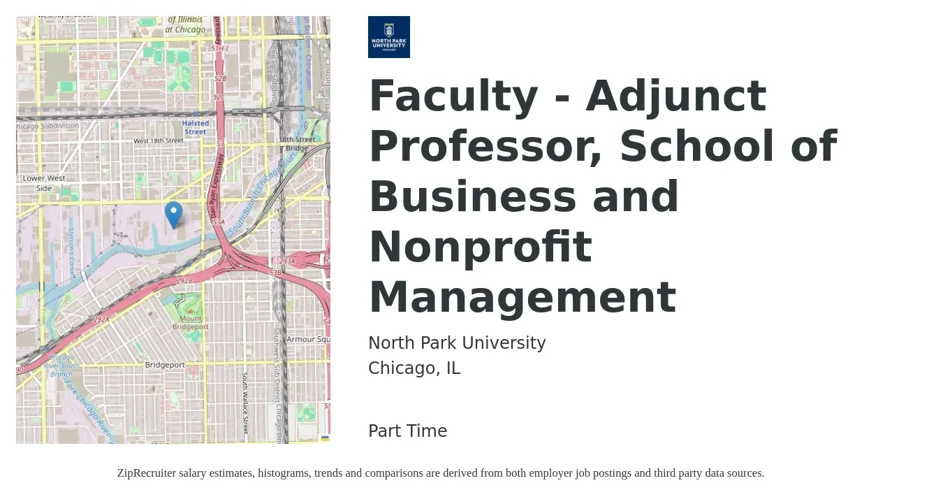 North Park University job posting for a Faculty - Adjunct Professor, School of Business and Nonprofit Management in Chicago, IL with a salary of $72 to $75 Hourly with a map of Chicago location.