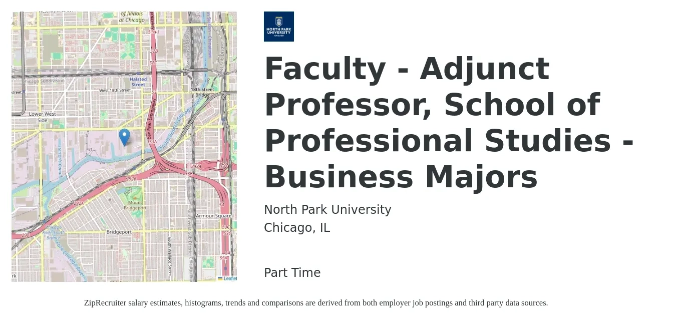 North Park University job posting for a Faculty - Adjunct Professor, School of Professional Studies - Business Majors in Chicago, IL with a salary of $72 to $75 Hourly with a map of Chicago location.