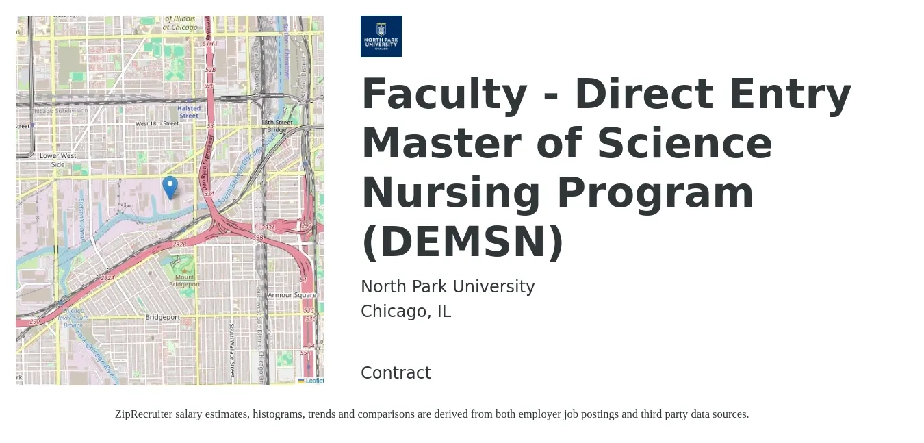 North Park University job posting for a Faculty - Direct Entry Master of Science Nursing Program (DEMSN) in Chicago, IL with a salary of $29 to $45 Hourly with a map of Chicago location.