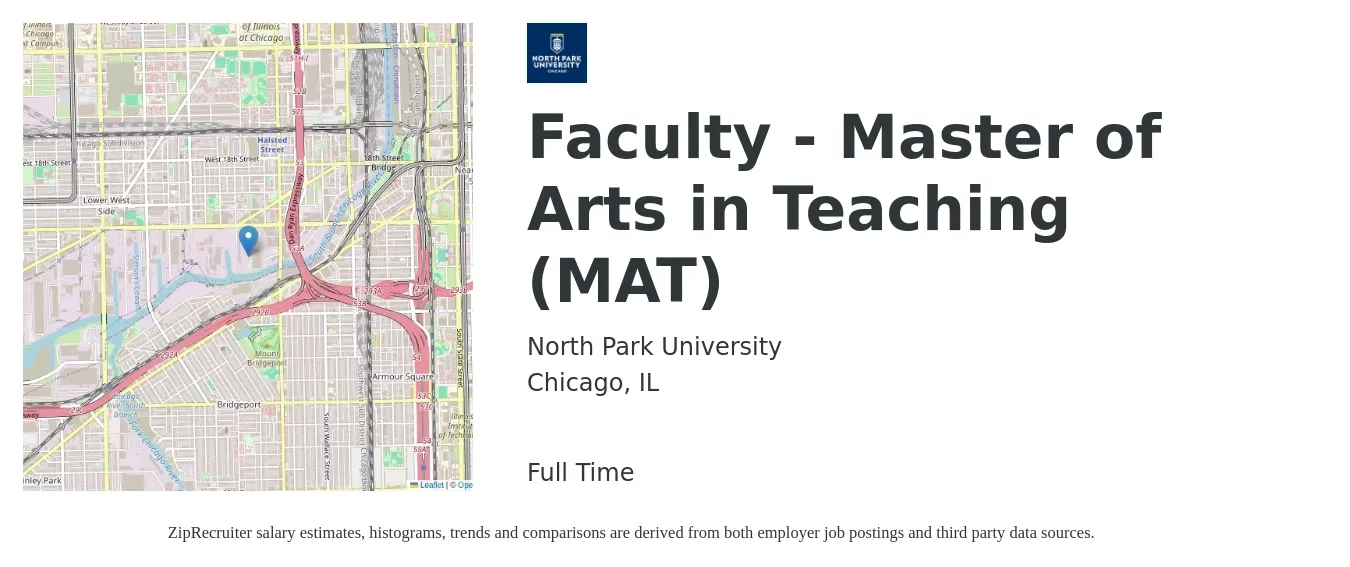 North Park University job posting for a Faculty - Master of Arts in Teaching (MAT) in Chicago, IL with a salary of $19 to $26 Hourly with a map of Chicago location.