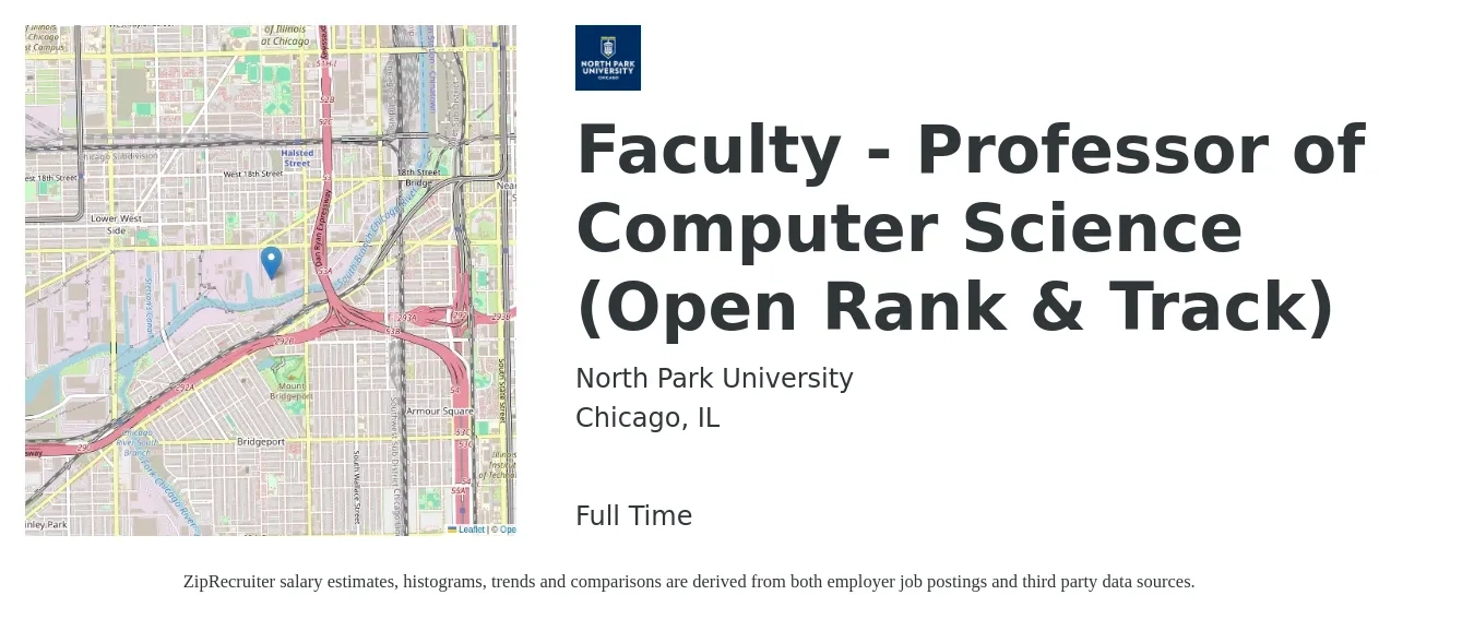 North Park University job posting for a Faculty - Professor of Computer Science (Open Rank & Track) in Chicago, IL with a salary of $94,800 to $157,700 Yearly with a map of Chicago location.