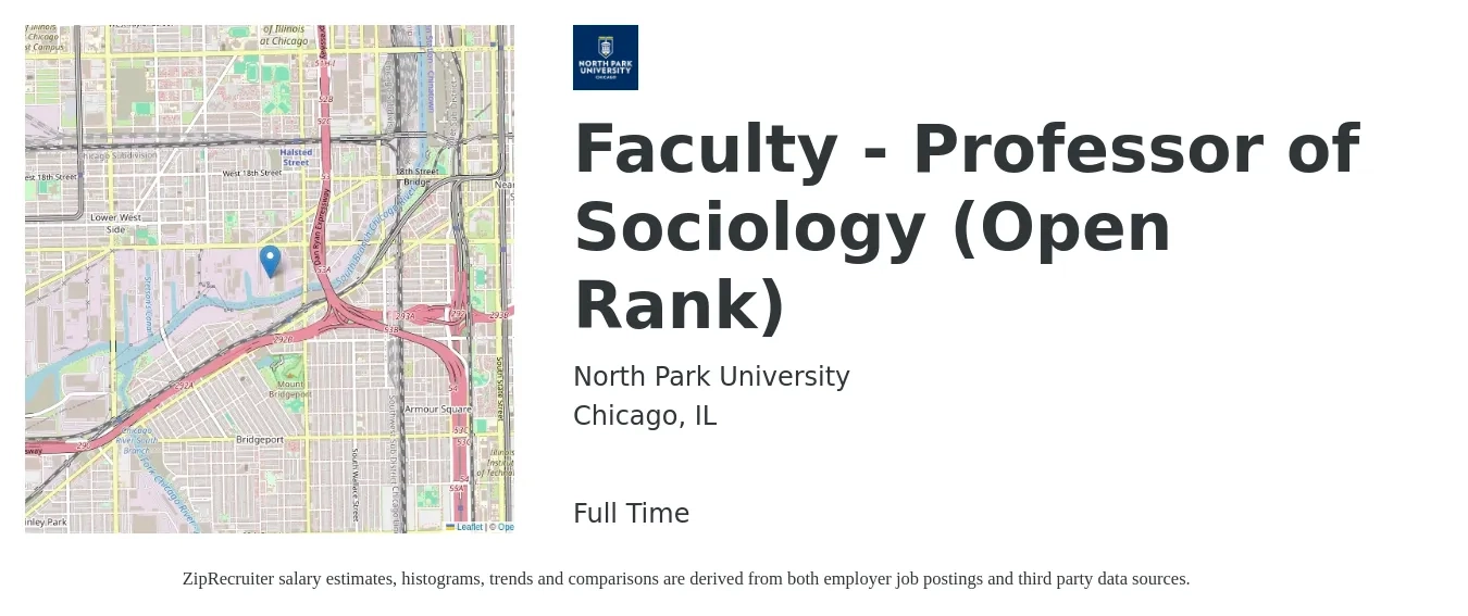 North Park University job posting for a Faculty - Professor of Sociology (Open Rank) in Chicago, IL with a salary of $61,300 to $95,400 Yearly with a map of Chicago location.