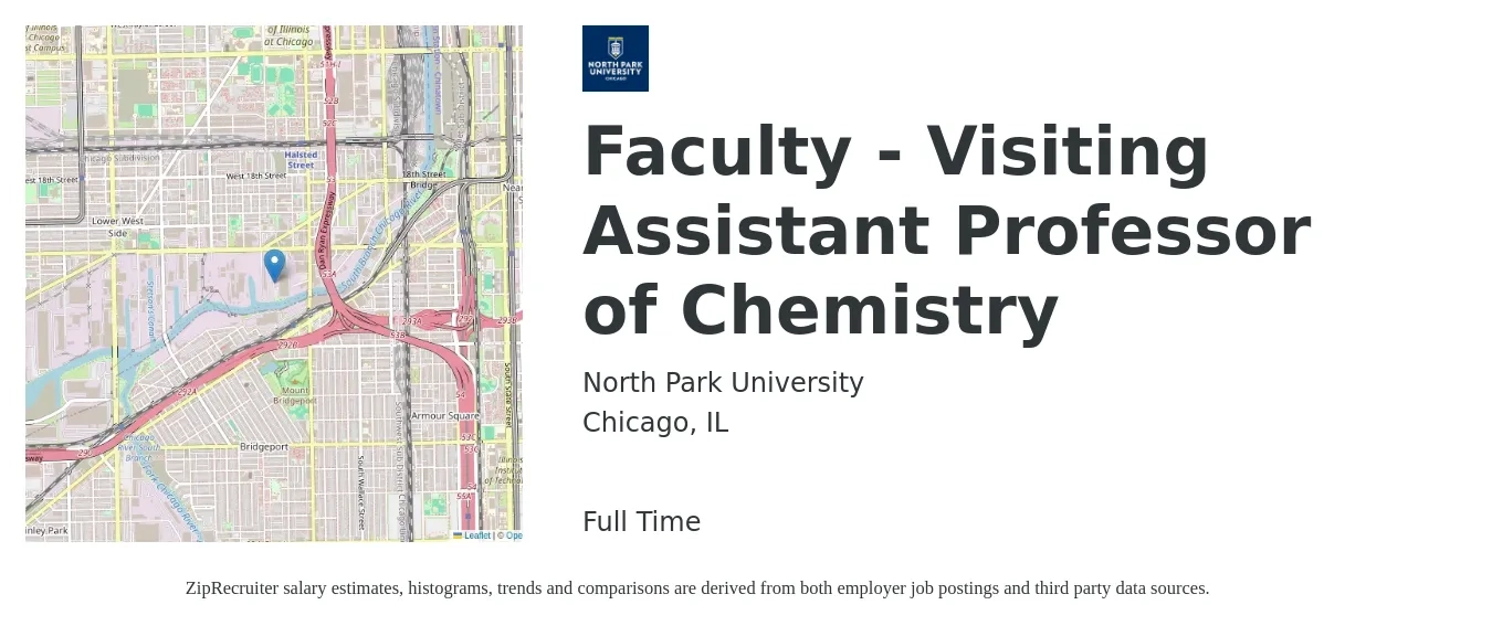 North Park University job posting for a Faculty - Visiting Assistant Professor of Chemistry in Chicago, IL with a salary of $52,600 to $111,300 Yearly with a map of Chicago location.