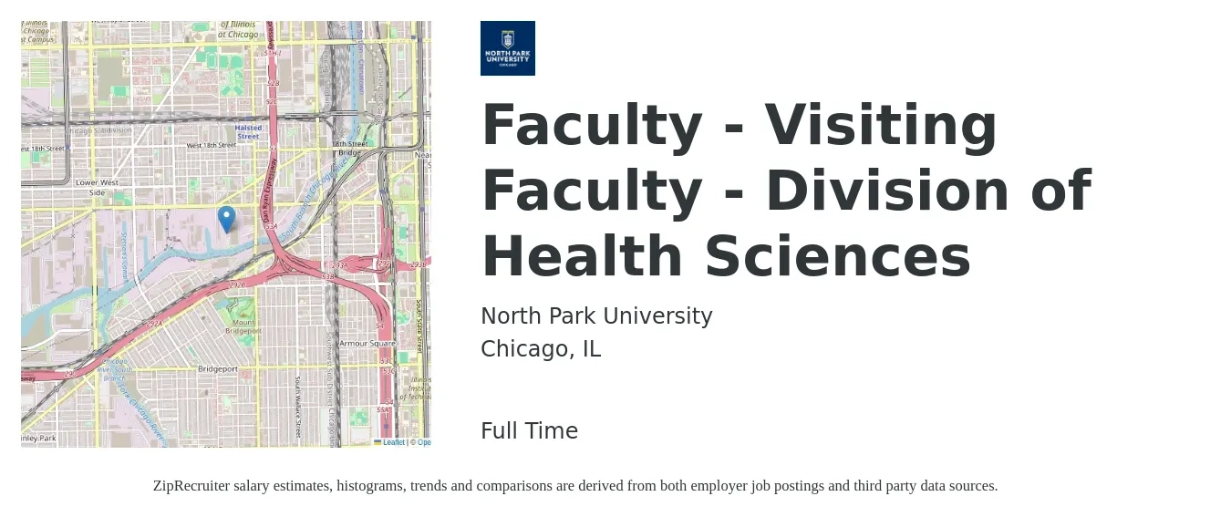 North Park University job posting for a Faculty - Visiting Faculty - Division of Health Sciences in Chicago, IL with a map of Chicago location.