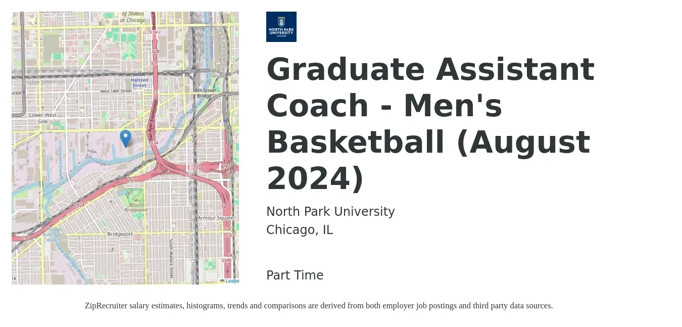 North Park University job posting for a Graduate Assistant Coach - Men's Basketball (August 2024) in Chicago, IL with a salary of $28,800 to $54,100 Yearly with a map of Chicago location.
