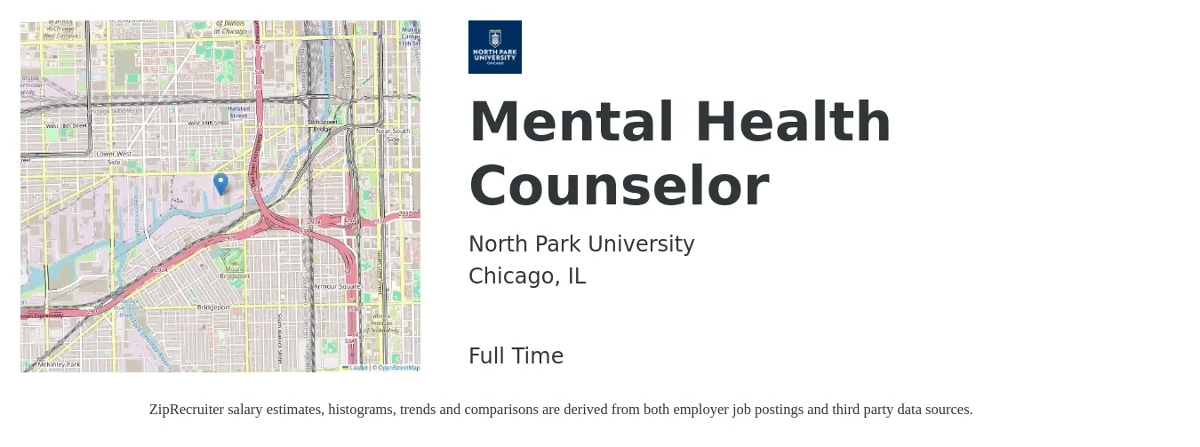 North Park University job posting for a Mental Health Counselor in Chicago, IL with a salary of $48,400 to $74,700 Yearly with a map of Chicago location.