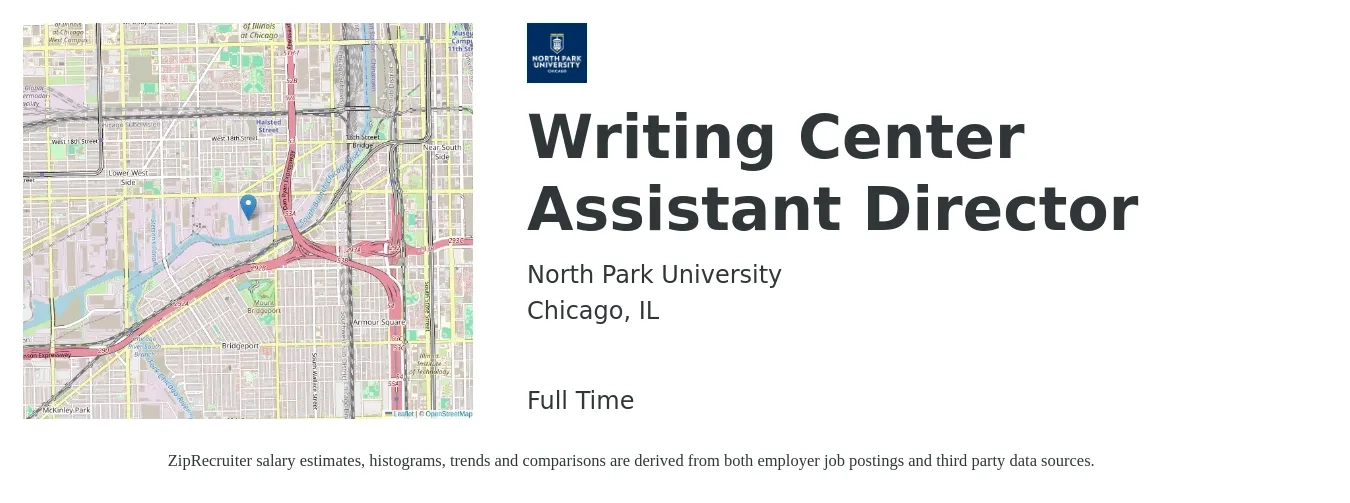 North Park University job posting for a Writing Center Assistant Director in Chicago, IL with a salary of $18 to $24 Hourly with a map of Chicago location.