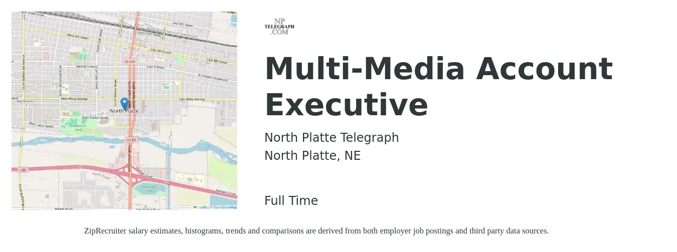 North Platte Telegraph job posting for a Multi-Media Account Executive in North Platte, NE with a salary of $60,500 to $70,200 Yearly with a map of North Platte location.