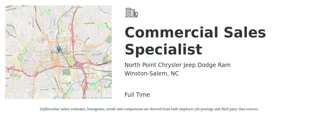 North Point Chrysler Jeep Dodge Ram job posting for a Commercial Sales Specialist in Winston-Salem, NC with a salary of $47,500 to $103,300 Yearly with a map of Winston-Salem location.
