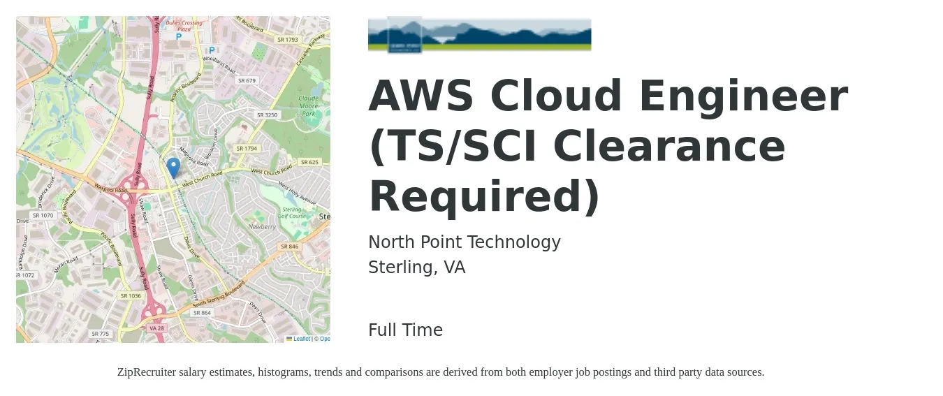 North Point Technology job posting for a AWS Cloud Engineer (TS/SCI Clearance Required) in Sterling, VA with a salary of $55 to $74 Hourly with a map of Sterling location.