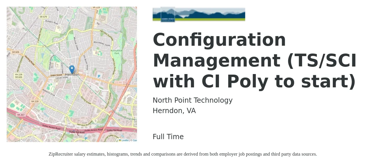 North Point Technology job posting for a Configuration Management (TS/SCI with CI Poly to start) in Herndon, VA with a salary of $78,200 to $115,200 Yearly with a map of Herndon location.