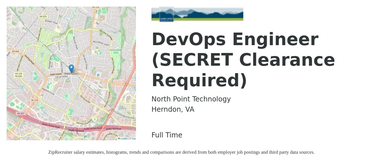 North Point Technology job posting for a DevOps Engineer (SECRET Clearance Required) in Herndon, VA with a salary of $54 to $74 Hourly with a map of Herndon location.