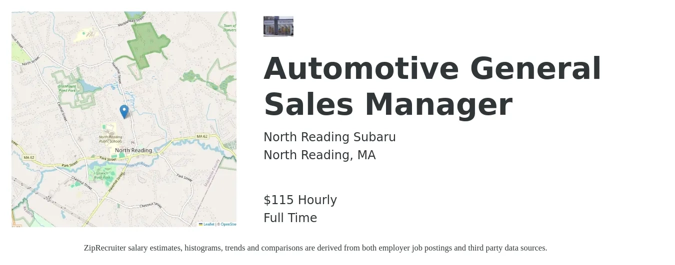 North Reading Subaru job posting for a Automotive General Sales Manager in North Reading, MA with a salary of $120 Hourly with a map of North Reading location.