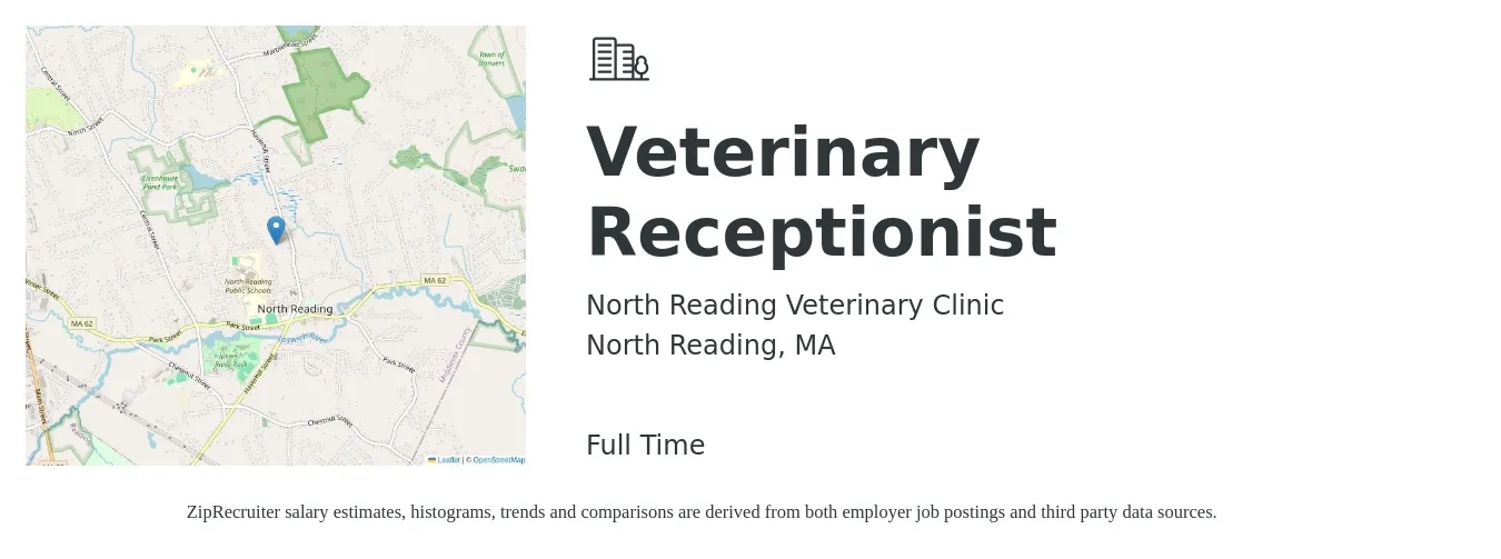 North Reading Veterinary Clinic job posting for a Veterinary Receptionist in North Reading, MA with a salary of $15 to $18 Hourly with a map of North Reading location.