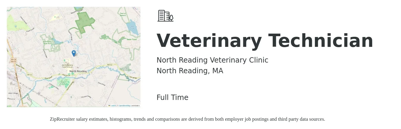 North Reading Veterinary Clinic job posting for a Veterinary Technician in North Reading, MA with a salary of $19 to $26 Hourly with a map of North Reading location.