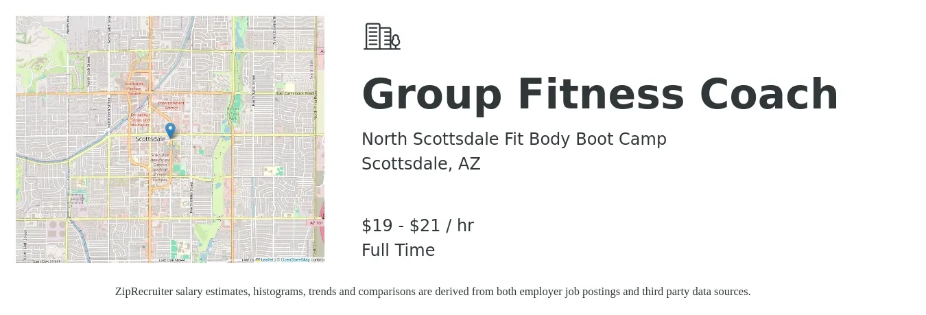 North Scottsdale Fit Body Boot Camp job posting for a Group Fitness Coach in Scottsdale, AZ with a salary of $20 to $24 Hourly with a map of Scottsdale location.