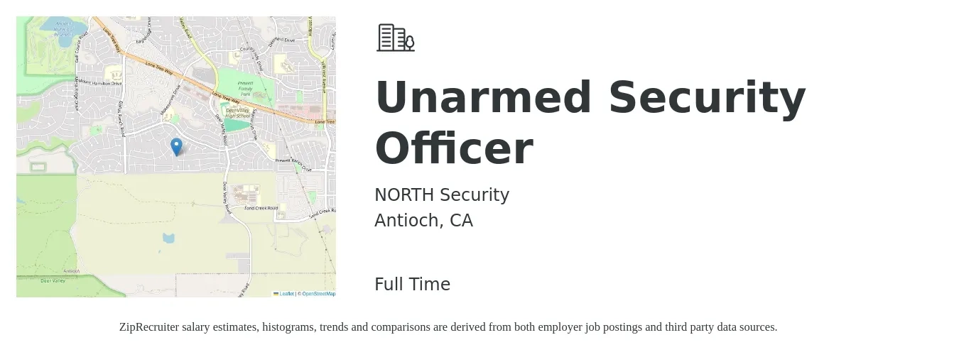 NORTH Security job posting for a Unarmed Security Officer in Antioch, CA with a salary of $18 to $22 Hourly with a map of Antioch location.