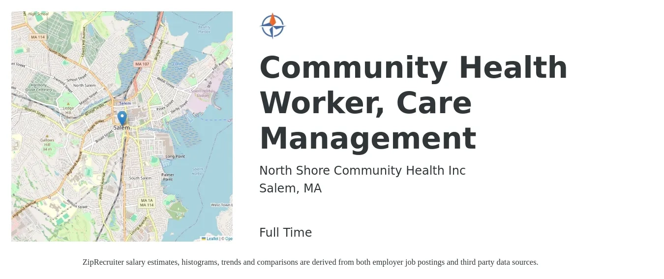 North Shore Community Health Inc job posting for a Community Health Worker, Care Management in Salem, MA with a salary of $21 to $27 Hourly with a map of Salem location.