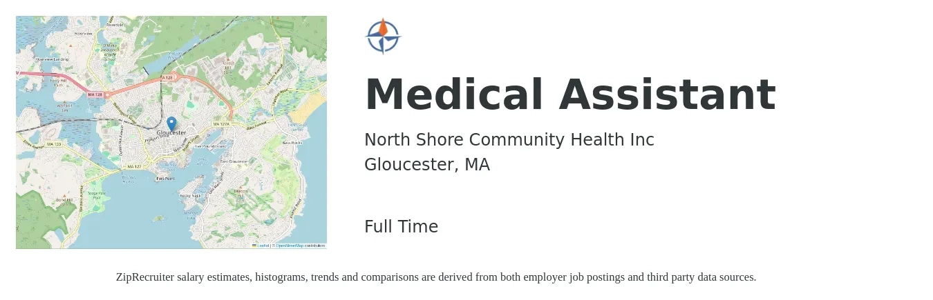 North Shore Community Health Inc job posting for a Medical Assistant in Gloucester, MA with a salary of $20 to $25 Hourly with a map of Gloucester location.