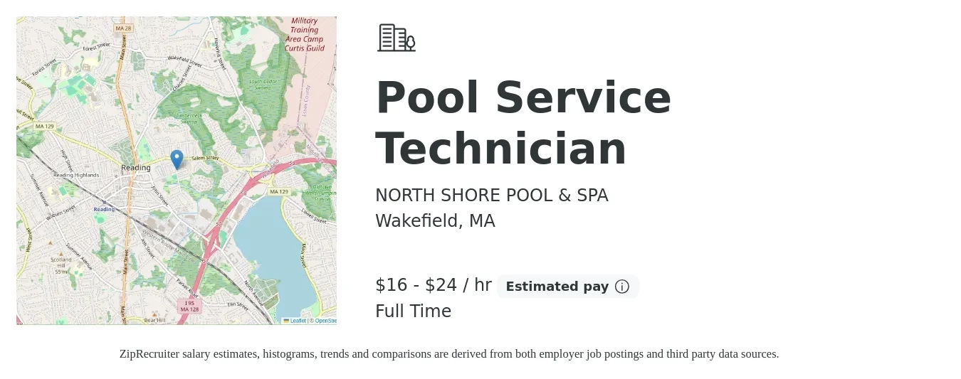 NORTH SHORE POOL & SPA job posting for a Pool Service Technician in Wakefield, MA with a salary of $17 to $25 Hourly with a map of Wakefield location.