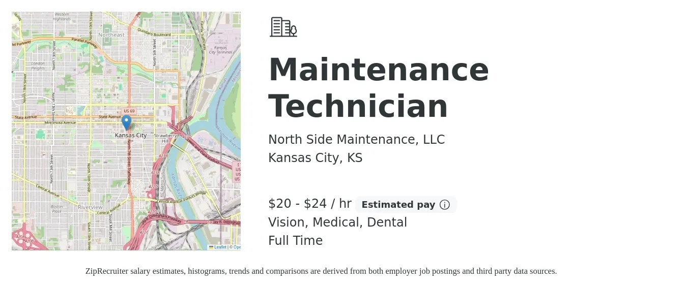 North Side Maintenance, LLC job posting for a Maintenance Technician in Kansas City, KS with a salary of $21 to $25 Hourly and benefits including vision, dental, medical, pto, and retirement with a map of Kansas City location.