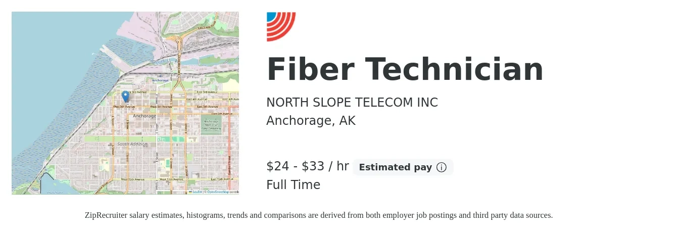 NORTH SLOPE TELECOM INC job posting for a Fiber Technician in Anchorage, AK with a salary of $25 to $35 Hourly with a map of Anchorage location.
