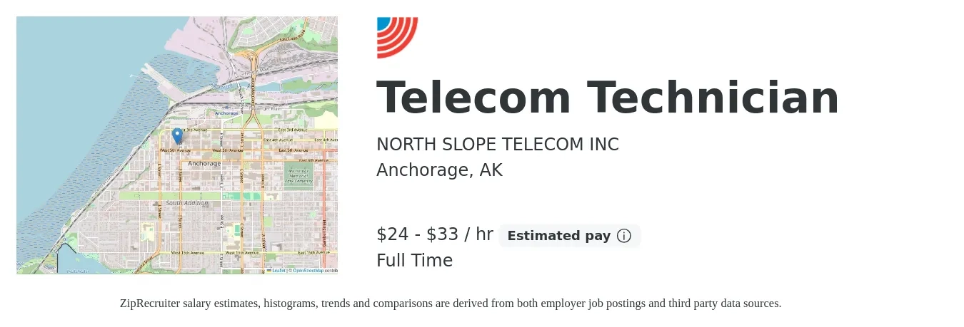 NORTH SLOPE TELECOM INC job posting for a Telecom Technician in Anchorage, AK with a salary of $25 to $35 Hourly with a map of Anchorage location.