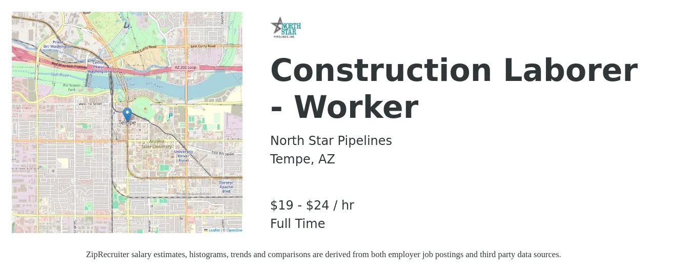 North Star Pipelines job posting for a Construction Laborer - Worker in Tempe, AZ with a salary of $20 to $25 Hourly with a map of Tempe location.