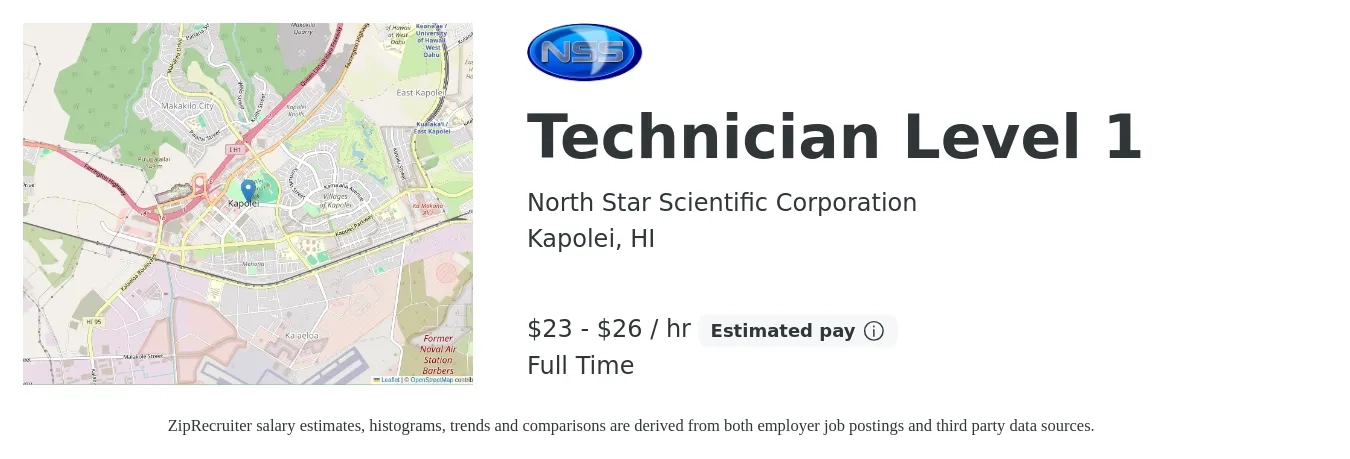 North Star Scientific Corporation job posting for a Technician Level 1 in Kapolei, HI with a salary of $24 to $28 Hourly with a map of Kapolei location.