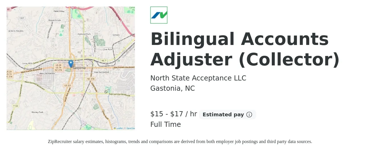 North State Acceptance LLC job posting for a Bilingual Accounts Adjuster (Collector) in Gastonia, NC with a salary of $16 to $18 Hourly with a map of Gastonia location.
