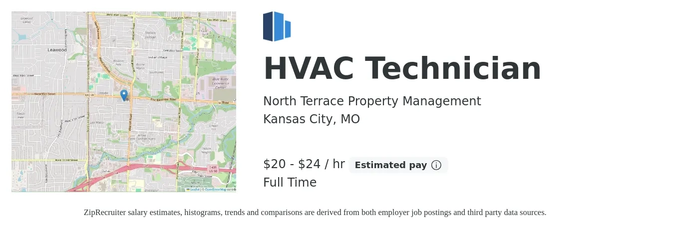 North Terrace Property Management job posting for a HVAC Technician in Kansas City, MO with a salary of $21 to $25 Hourly with a map of Kansas City location.