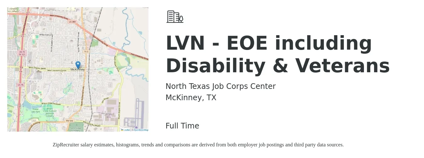 North Texas Job Corps Center job posting for a LVN - EOE including Disability & Veterans in McKinney, TX with a salary of $1,110 to $1,570 Weekly with a map of McKinney location.