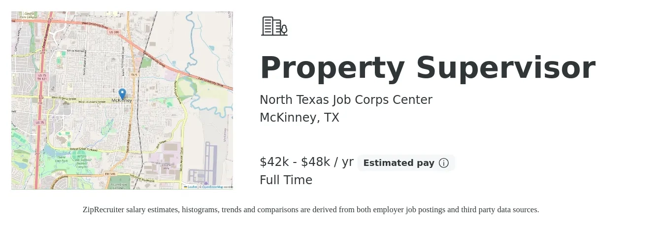 North Texas Job Corps Center job posting for a Property Supervisor in McKinney, TX with a salary of $42,698 to $48,036 Yearly with a map of McKinney location.