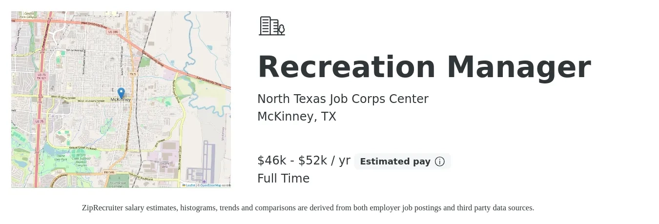 North Texas Job Corps Center job posting for a Recreation Manager in McKinney, TX with a salary of $46,000 to $52,000 Yearly with a map of McKinney location.