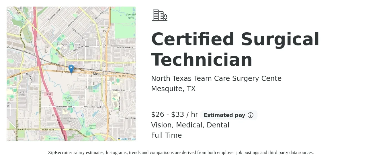 North Texas Team Care Surgery Cente job posting for a Certified Surgical Technician in Mesquite, TX with a salary of $28 to $35 Hourly and benefits including pto, vision, dental, life_insurance, and medical with a map of Mesquite location.