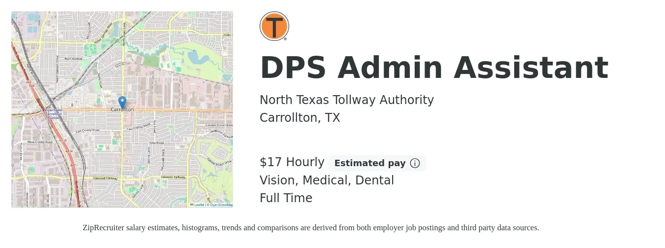 North Texas Tollway Authority job posting for a DPS Admin Assistant in Carrollton, TX with a salary of $18 Hourly and benefits including retirement, vision, dental, life_insurance, and medical with a map of Carrollton location.