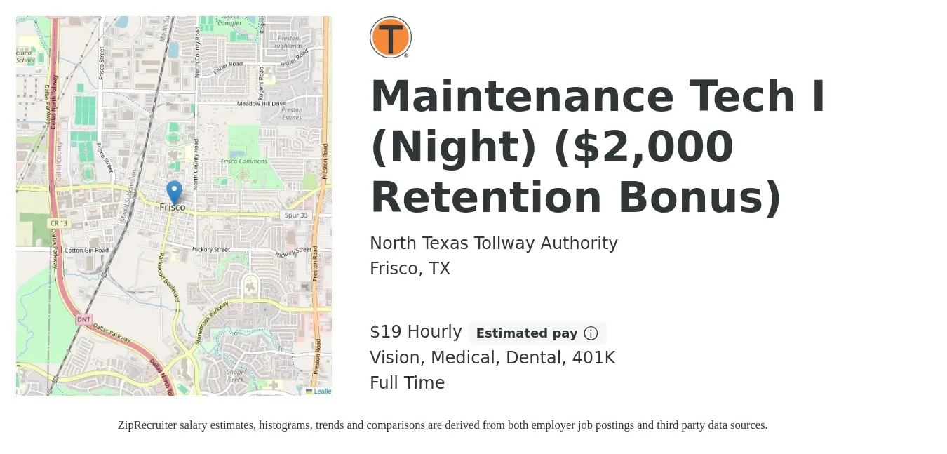 North Texas Tollway Authority job posting for a Maintenance Tech I (Night) ($2,000 Retention Bonus) in Frisco, TX with a salary of $20 Hourly and benefits including vision, 401k, dental, life_insurance, and medical with a map of Frisco location.