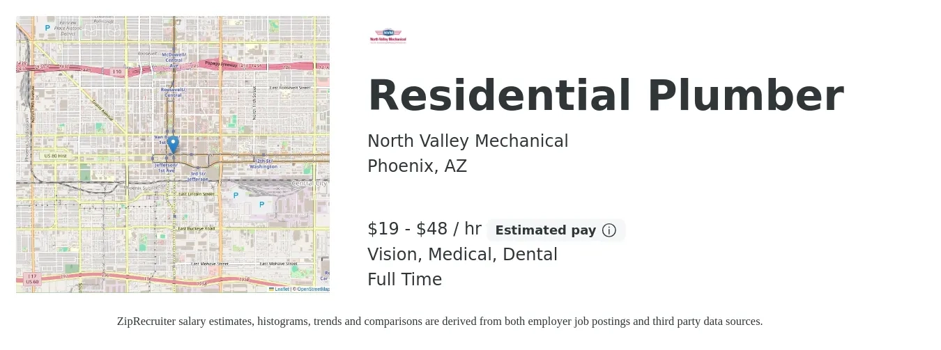 North Valley Mechanical job posting for a Residential Plumber in Phoenix, AZ with a salary of $20 to $50 Hourly (plus commission) and benefits including dental, life_insurance, medical, retirement, and vision with a map of Phoenix location.