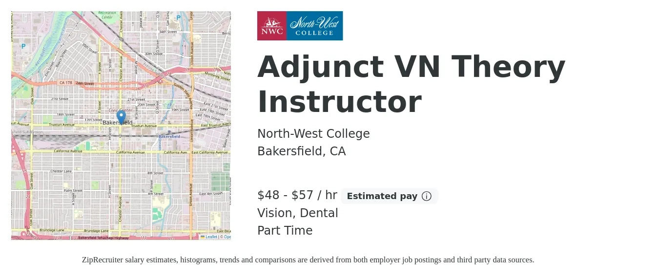 North-West College job posting for a Adjunct VN Theory Instructor in Bakersfield, CA with a salary of $50 to $55 Hourly and benefits including vision, and dental with a map of Bakersfield location.