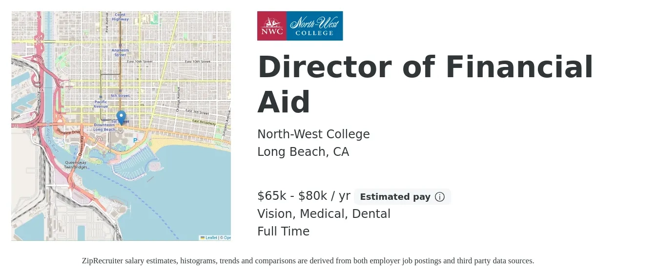 North-West College job posting for a Director of Financial Aid in Long Beach, CA with a salary of $62,000 to $70,000 Yearly and benefits including dental, medical, retirement, and vision with a map of Long Beach location.