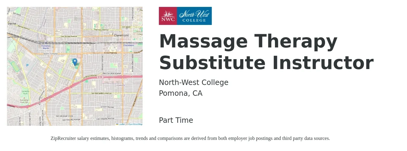 North-West College job posting for a Massage Therapy Substitute Instructor in Pomona, CA with a map of Pomona location.
