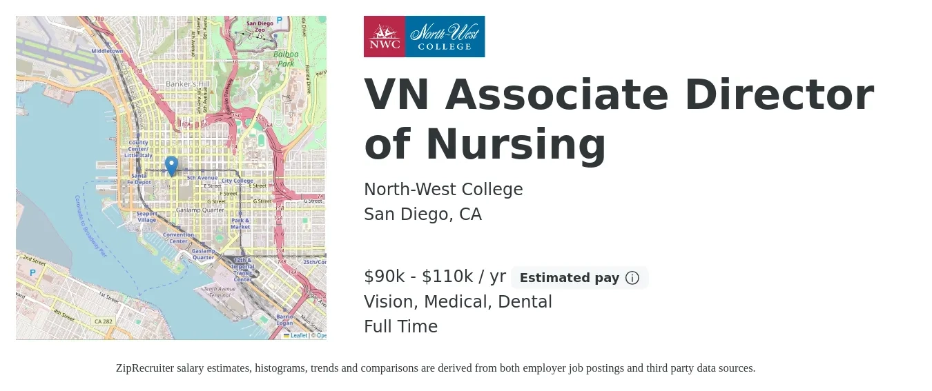 North-West College job posting for a VN Associate Director of Nursing in San Diego, CA with a salary of $90,000 to $110,000 Yearly and benefits including vision, dental, medical, and pto with a map of San Diego location.