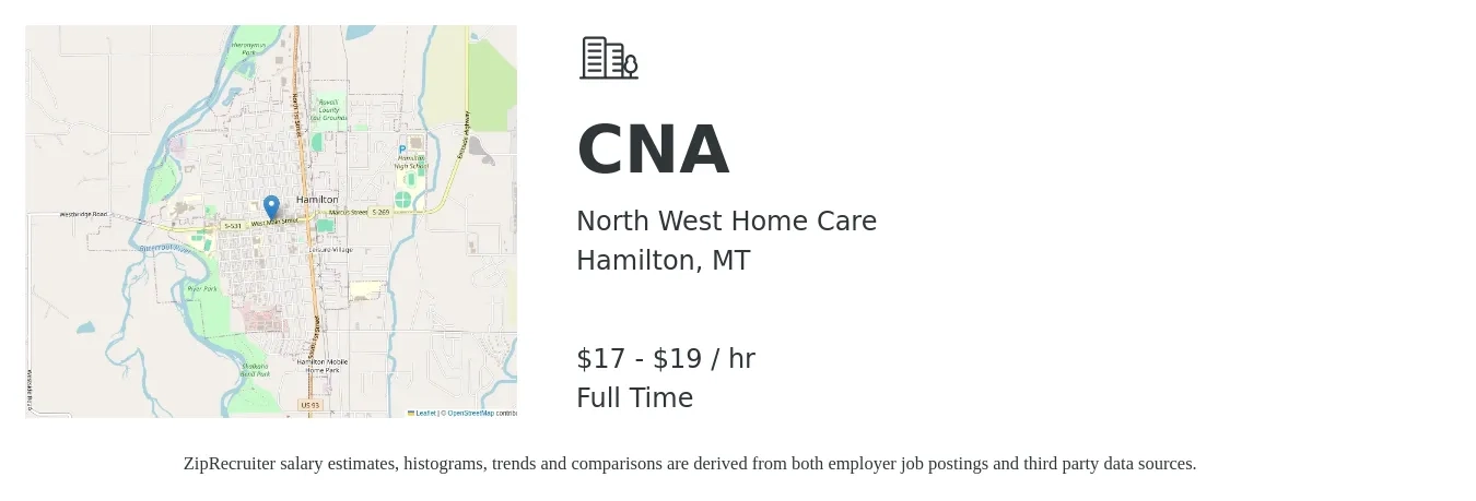 North West Home Care job posting for a CNA in Hamilton, MT with a salary of $18 to $20 Hourly with a map of Hamilton location.